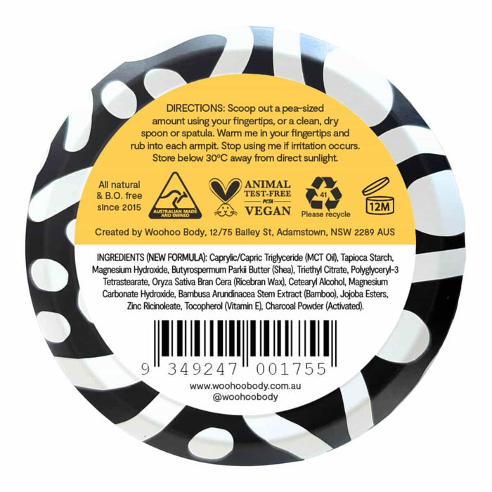 Back of Woohoo Mellow Deodorant Tin with ingredients and product information.