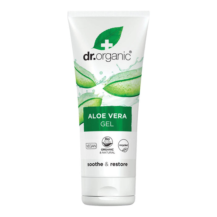 200ml tube Dr. Organic Aloe Vera Gel, an organic gel designed to soothe sunburn, irritated skin, and insect bites.