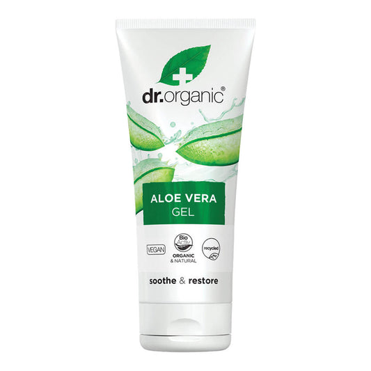 200ml tube Dr. Organic Aloe Vera Gel, an organic gel designed to soothe sunburn, irritated skin, and insect bites.