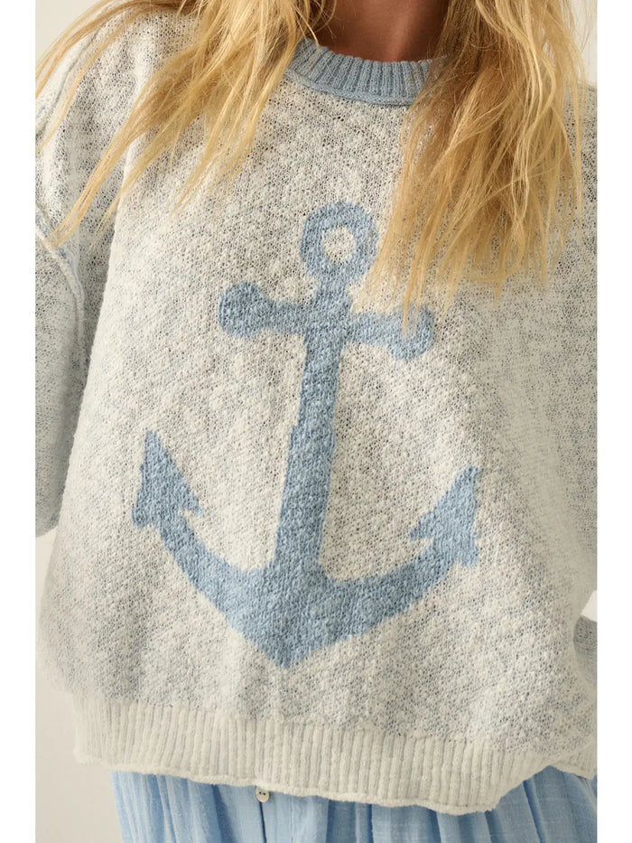 Anchor Jacquard-Knit Exposed-Seam Short-Sleeve Sweater