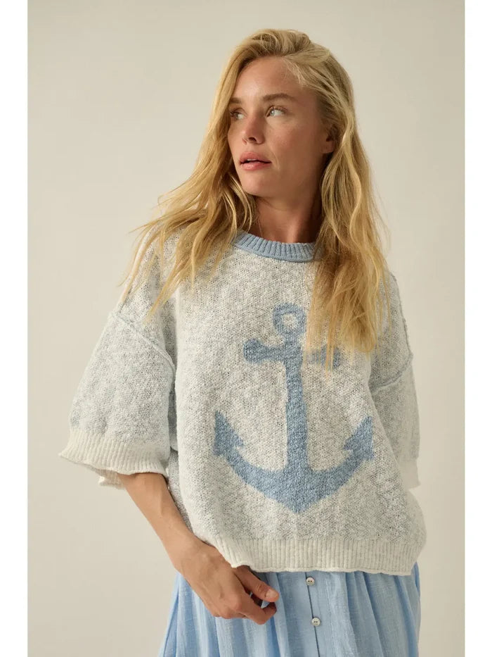 Anchor Jacquard-Knit Exposed-Seam Short-Sleeve Sweater