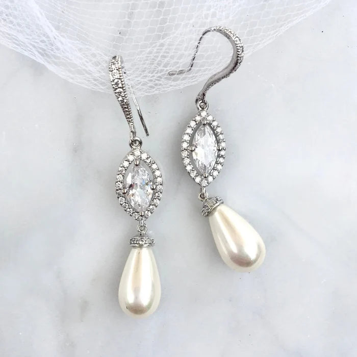 Pearl Wedding Jewelry - Pearl and CZ Bridal Earrings - Available in Silver and Yellow Gold
