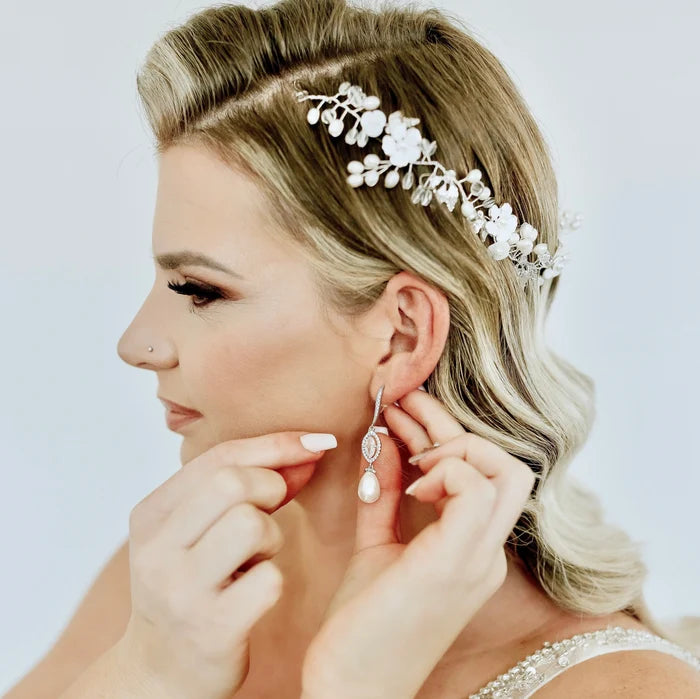 Pearl Wedding Jewelry - Pearl and CZ Bridal Earrings - Available in Silver and Yellow Gold