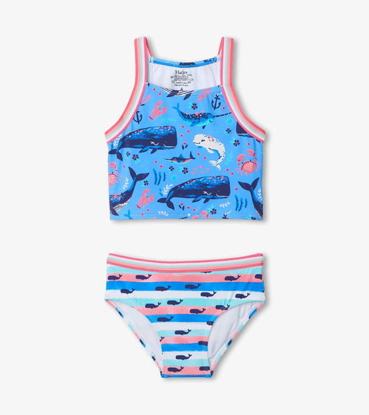 Hatley girls Aquatic Friends tankini set in Blue/Pink with sea-creature top and striped bikini bottom