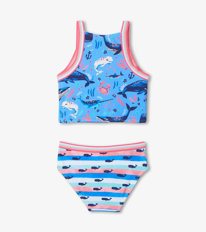 Back view of Hatley girls Aquatic Friends tankini set with lined top and striped swim bottom