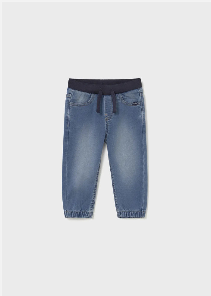 Mayoral Baby Denim Jogger Pants blue front view, elastic drawstring waist for comfy fit