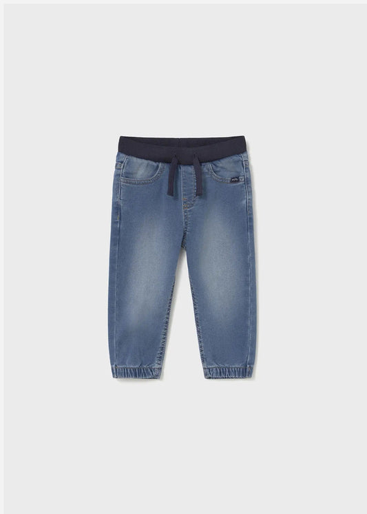 Mayoral Baby Denim Jogger Pants blue front view, elastic drawstring waist for comfy fit