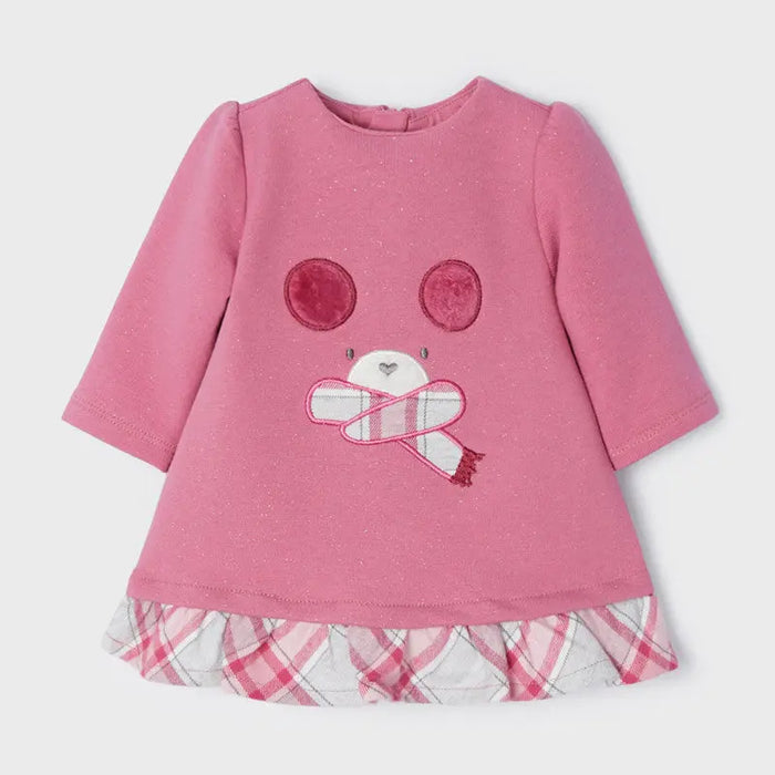 Mayoral baby girls Pink fleece dress with embroidered graphics, plaid hem, and long sleeves.