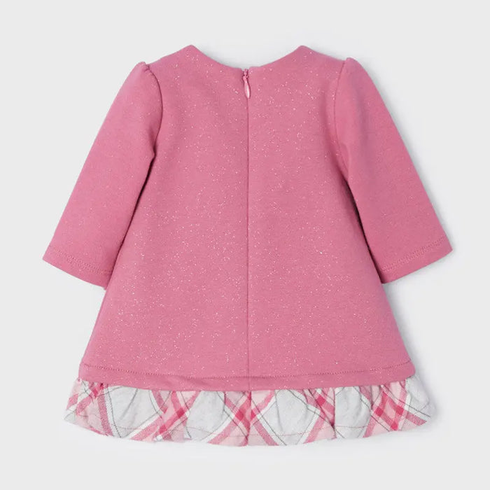 Back view of Mayoral baby girls Pink fleece dress showing zipper closure and plaid hem detail.