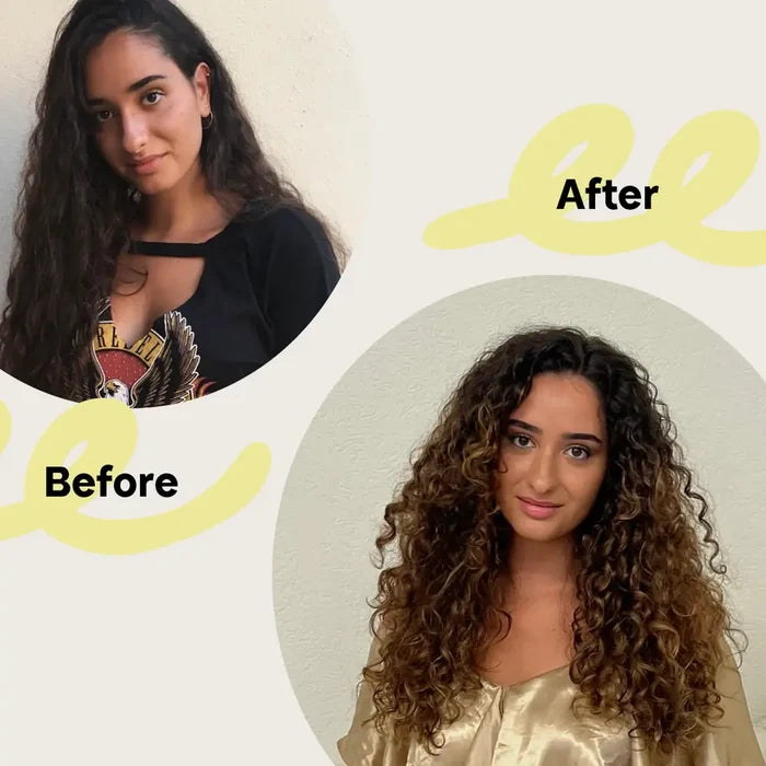 Curly hair transformation before and after using curly hair products for defined, bouncy curls