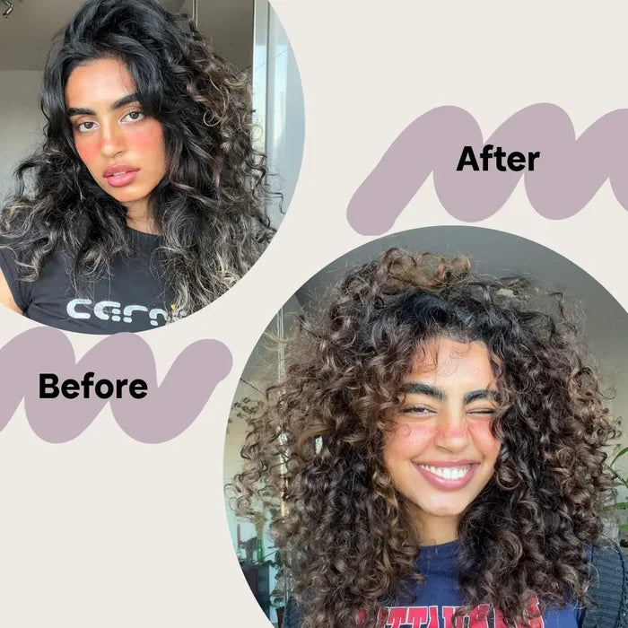 Curly hair transformation: before and after vibrant, defined curls with enhanced volume and shine