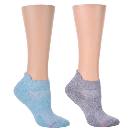 Ankle compression socks in blue and gray, displayed on mannequin legs.