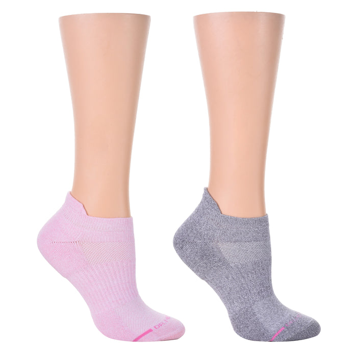 Ankle compression socks in pink and gray, designed for women, displayed on mannequin legs.