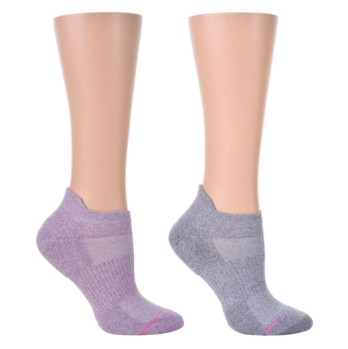 Ankle compression socks in light purple and gray, featuring a low-cut design and ribbed cuffs.