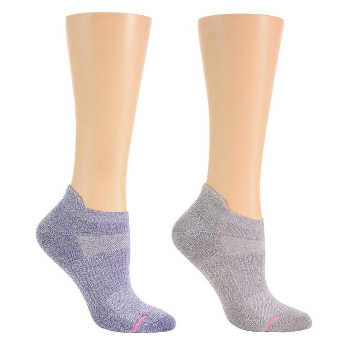 Ankle compression socks in purple and gray with a low-cut design and pink detailing.