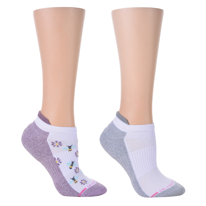 Ankle compression socks featuring a bee and daisy design in purple and gray colors.