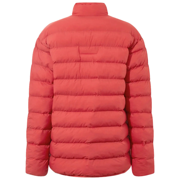 A red puffer jacket is displayed facing backward featuring a high collar and horizontal quilted sections providing insulation in a clothing retail context.