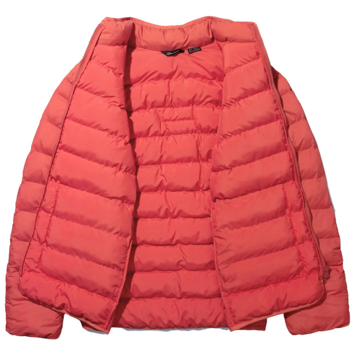 A coral puffer jacket is displayed open with its interior showing the quilted design and the zipper on one side is unfastened in a neutral background.