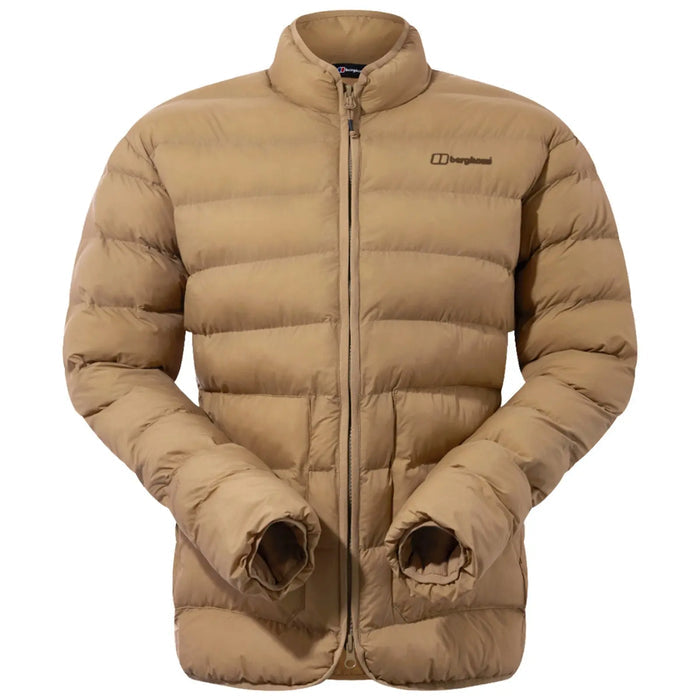 A tan puffer jacket is displayed with a front zipper and a stand collar its arms appear relaxed at the sides showcasing a casual and warm design intended for outdoor wear.