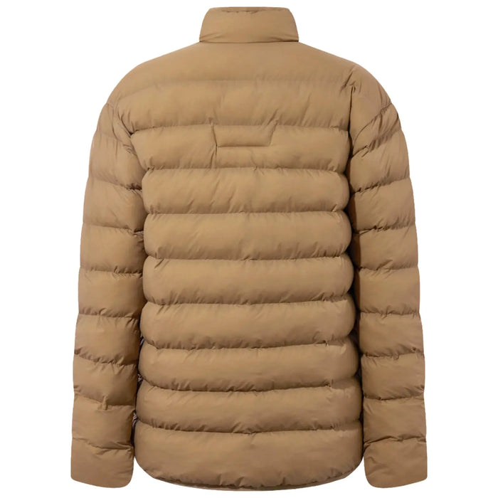 A puffy brown jacket is positioned upright showcasing its quilted texture and high collar with no visible logo or design elements in a plain background.
