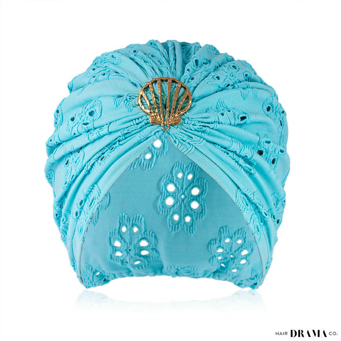 Blue Cutwork Turban with Shell Metal Broach