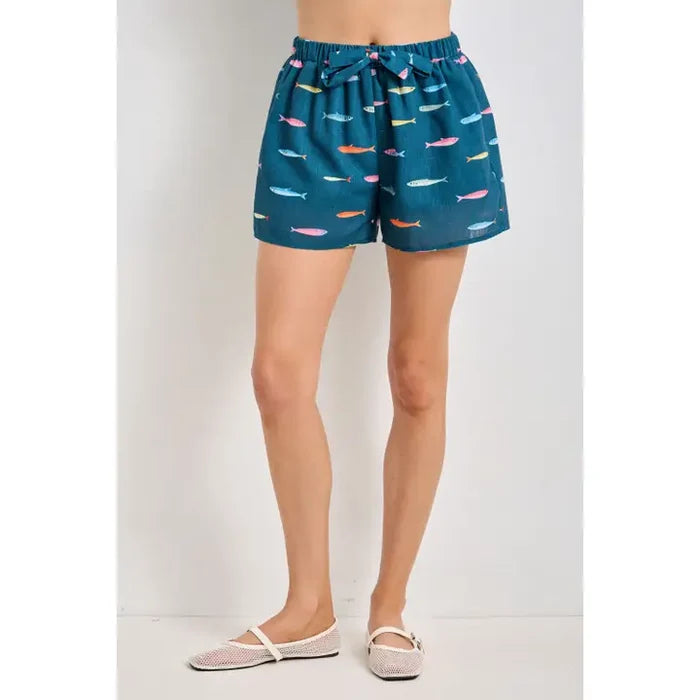 Blue Fish Print Drawstring Shorts