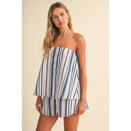 Blue Striped Flowy Pull on Shorts