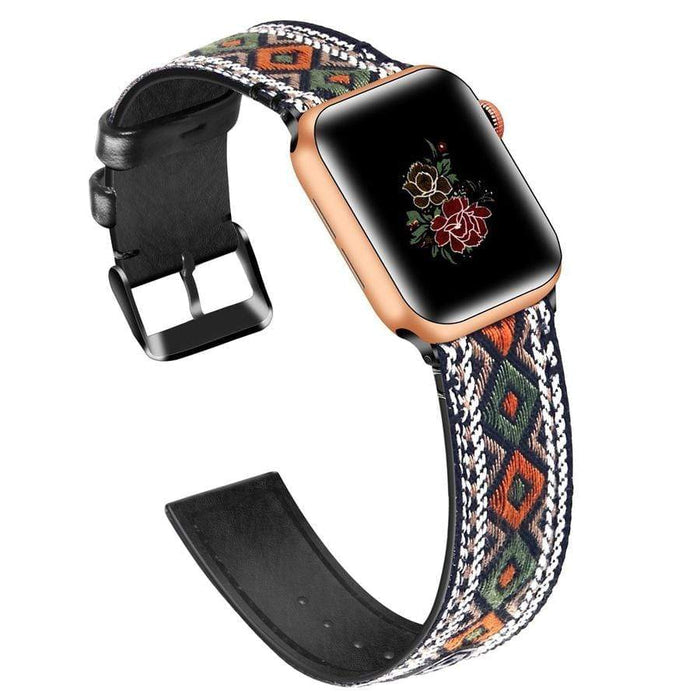Boho-DreamWeave Leather Band For Apple Watch Multiple Colors Available — Stylish Design: Introducing our Leather/Fabric Apple Watch Band with side stitching.