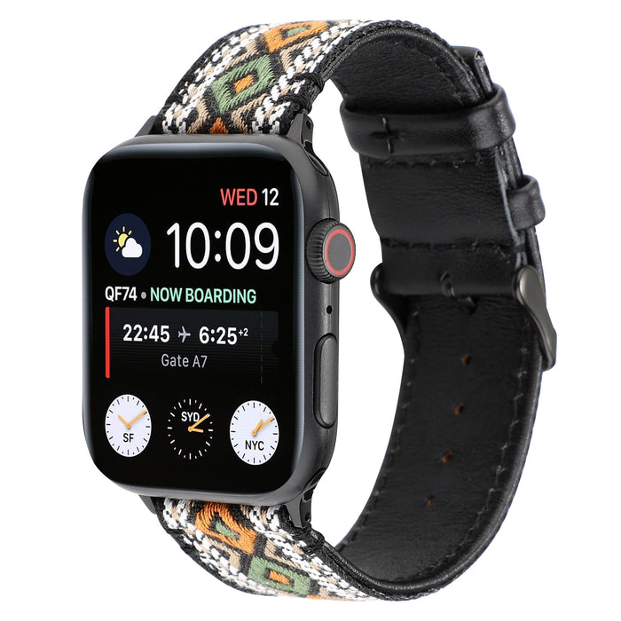 Boho-DreamWeave Leather Band For Apple Watch Multiple Colors Available — Stylish Design: Introducing our Leather/Fabric Apple Watch Band with side stitching.