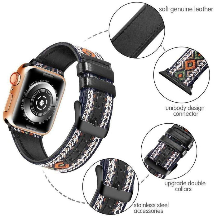 Boho-DreamWeave Leather Band For Apple Watch Multiple Colors Available — Stylish Design: Introducing our Leather/Fabric Apple Watch Band with side stitching.