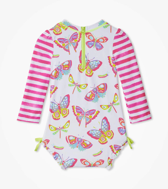 Back view of Hatley Botanical Butterflies baby rashguard swimsuit with zipper and butterfly print