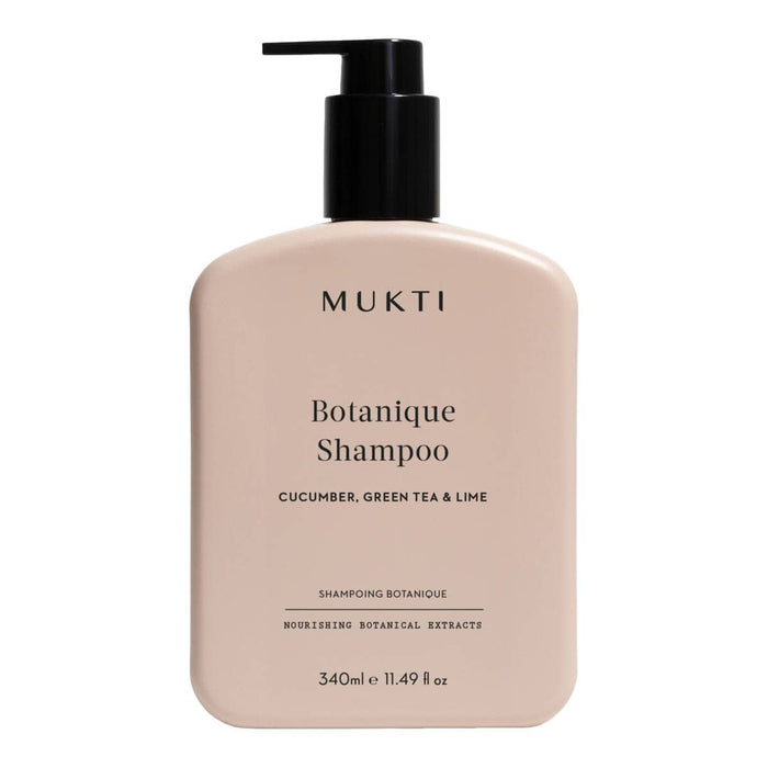 Mukti Botanique Shampoo bottle on a white background. Cucumber, green tea & lime shampoo.