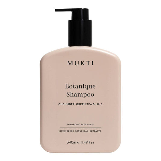 Mukti Botanique Shampoo bottle on a white background. Cucumber, green tea & lime shampoo.