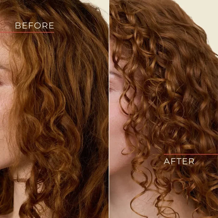 Curly hair transformation: frizzy before, defined curls after with curl care products