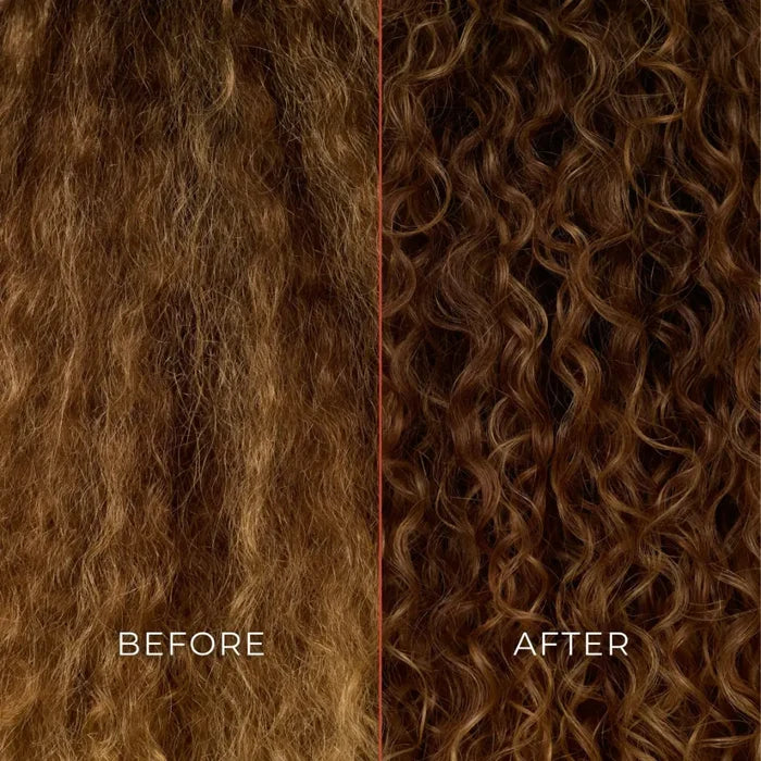 Curly hair transformation: frizzy before, defined curls after with curl care products