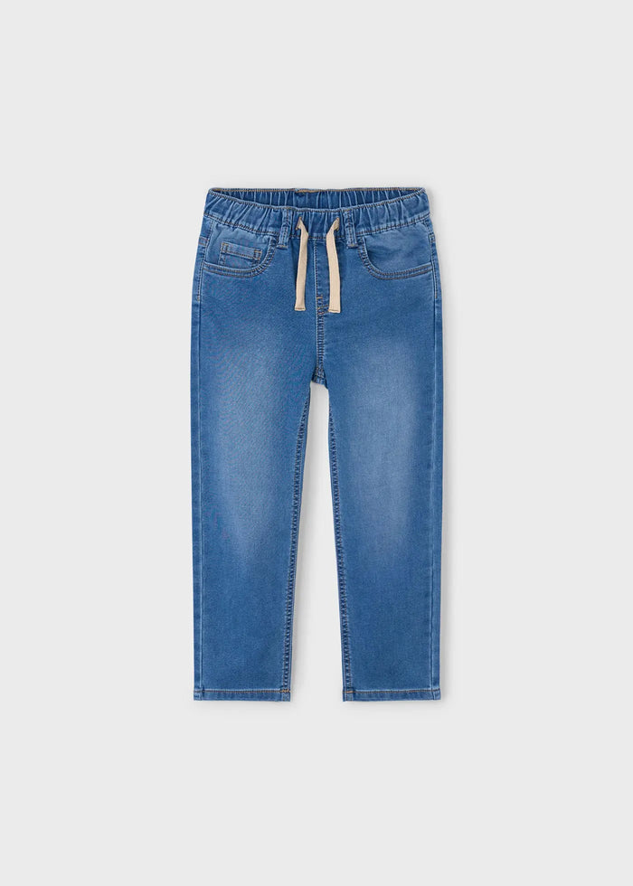 Flat lay front view of Mayoral boy jogger jeans with drawstring waist