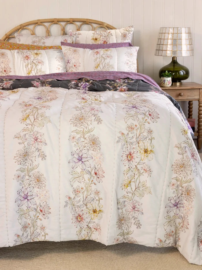 Bungalow Reversible Cotton Quilt - Ivory Dahlia Rows-view 1