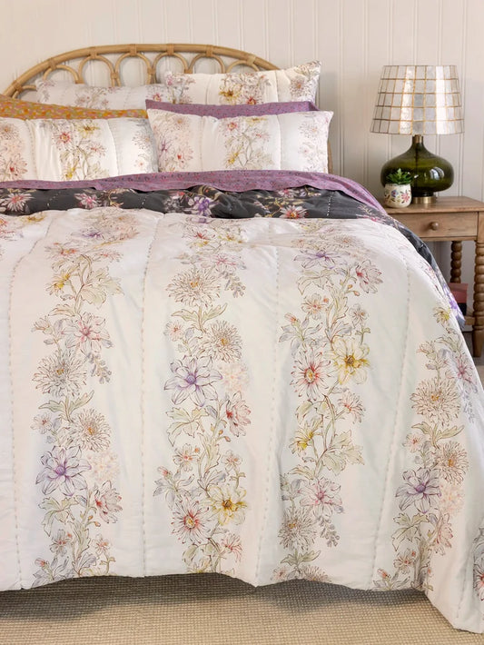 Bungalow Reversible Cotton Quilt - Ivory Dahlia Rows-view 1