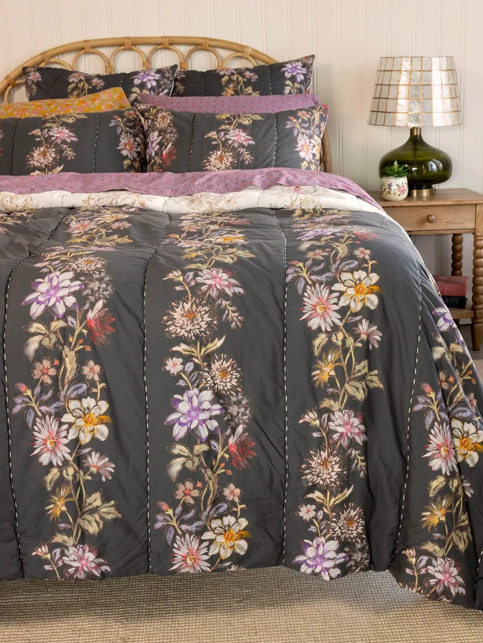Bungalow Reversible Cotton Quilt - Ivory Dahlia Rows-view 2