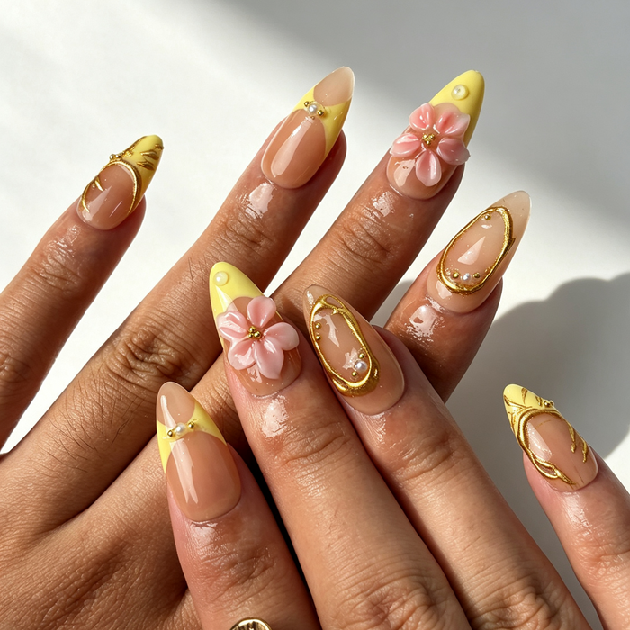 Butter‑Blossom spring butter‑yellow almond press‑on nails hand manicure view
