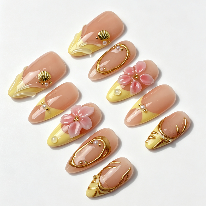 Butter‑Blossom romantic floral press‑on nails full set display