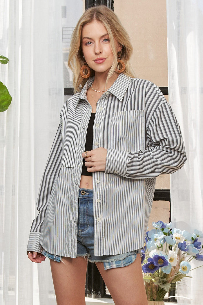 Button Down Stripe Fabric Mix Shirt