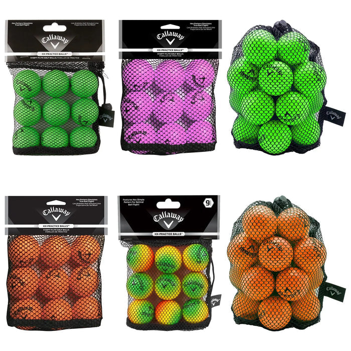 Six bags of colorful practice balls are displayed. The bags contain bright green, pink, orange, and yellow-green balls. Each bag is made of black mesh and labeled with the brand Callaway.