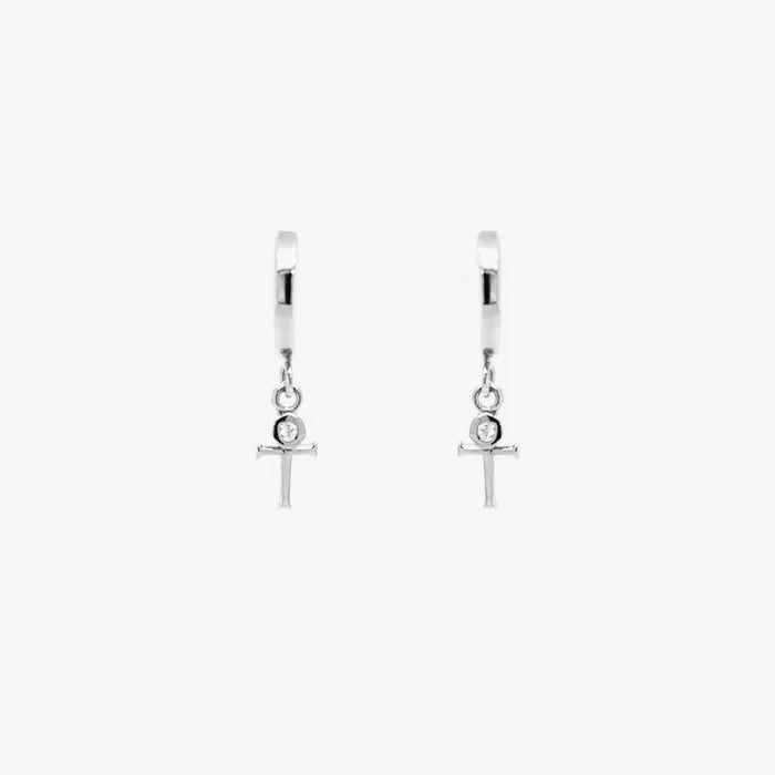 Calvary Cross Huggie Hoop Earrings-Silver