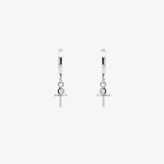 Calvary Cross Huggie Hoop Earrings-Silver