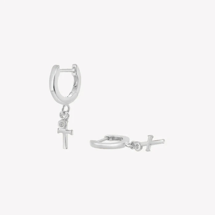 Calvary Cross Huggie Hoop Earrings-Silver