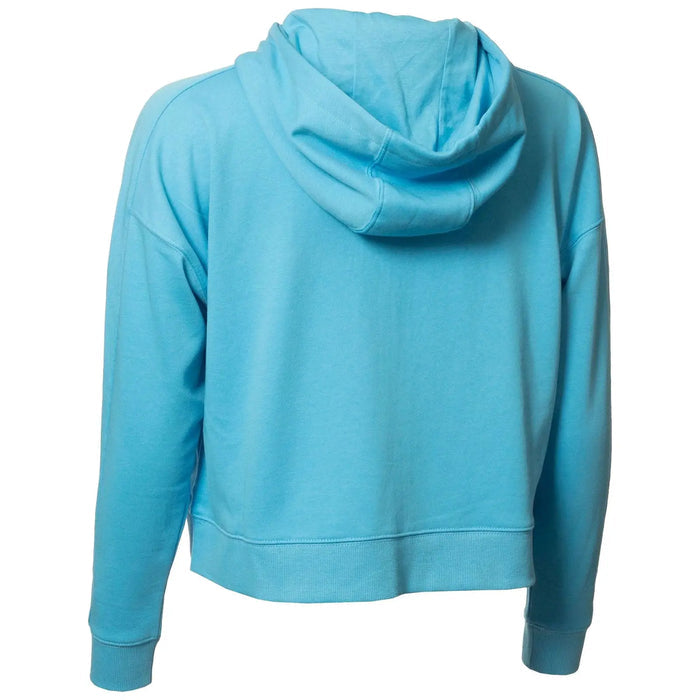A blue hooded sweatshirt hangs freely displaying its back with a rounded hem and long sleeves in a casual setting typically associated with relaxed clothing or athletic wear.