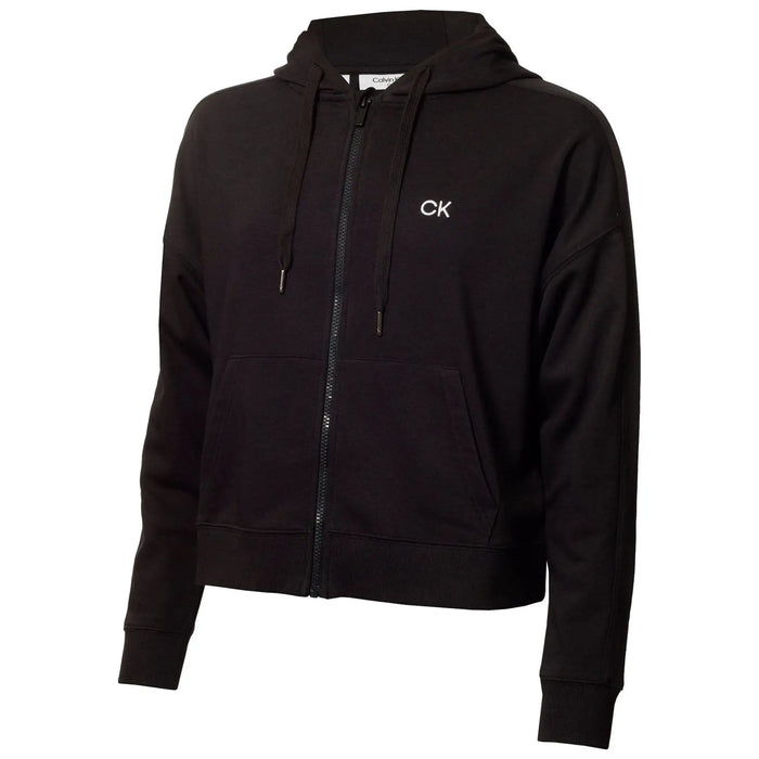A black zip-up hoodie with a logo on the chest is displayed prominently. It features a hood and two front pockets, designed for casual wear in a relaxed setting.