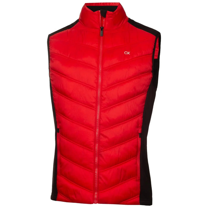A red sleeveless puffer vest with a high collar features a zippered front and chevron stitching. It has black side panels and is displayed against a neutral background.