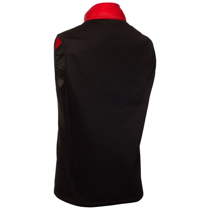 A sleeveless black vest with a red collar stands upright showcasing its smooth fabric and simple design suitable for casual or semi-formal wear in a neutral setting.